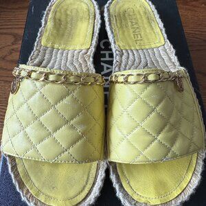 Chanel Yellow Lambskin Quilted Espadrille Slides Chain